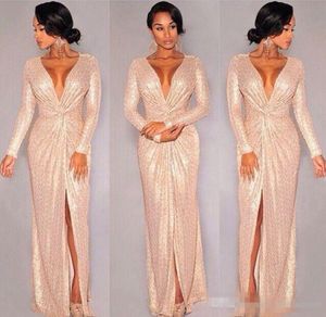 New Spark Sequin Long Sleeve Evening Dresses Rose Gold Deep Vneck Slit Prom Dresses Sparky Sexy full length special occasion gown7174697