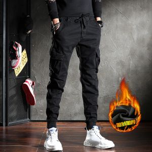 Pants Winter New Men's Black Fleece Cargo Pants Fashion Many Pockets Casual Warm Slim Trousers