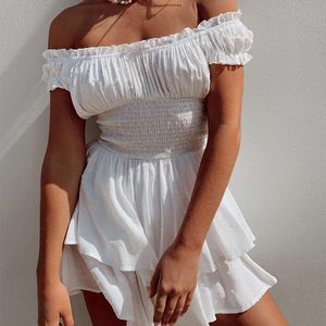 Fashionable Street Spicy Girl INS Waist Wrapped Slim Fit Dress Wrapped Chest Short Sleeve Off Shoulder Summer Cotton Hemp Embroidery Short Skirt