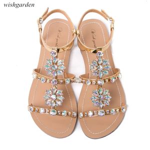 2024 Damskie letnie bohemia Diamond Flat Sandals Lady Casual Beach Rhinestone Shining Buty Boho Buty Peep Stopa Plus Size 240401