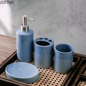 Niebieski zestaw do mycia ceramiczny mydło z mydłem mydło naczyń z płyciem ustami Zestaw Hotel Ręczne zmywanie butelki