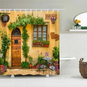 Shower Curtains Rural Town Flower Garden Brick Wall Printed Fabric Bathroom Curtain Waterproof Products Home Decor With Hooks
