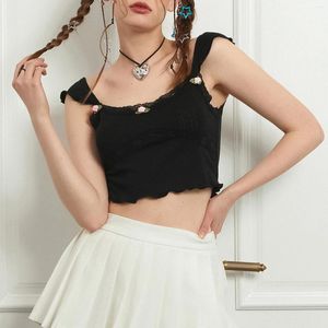 Women's T Shirts Crop Tank Tops Slim Fit Scoop Neck Cap Sleeve Backless 3D Flower Lace Trim Short For Summer