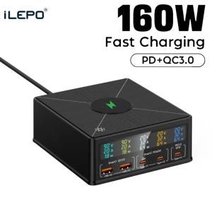 Chargers 160W 5 Port USB Charger Staion with 15W Wireless Charging Fast Charger USBC PD 65W Quick Charger for IPhone15 14 Samsung Laptop
