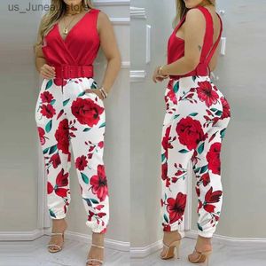 Основные повседневные платья сексуальные DP V-образный вырезка Slveless Jumpsuit Women Casual Print Relm Slim One Piece Set Office Elegant Backless Pencil Palysuit Ladies T240412