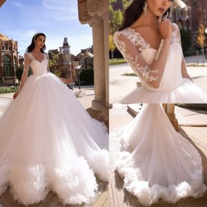 Romantic Ball Gown Wedding Dresses Pleats Tulle Lace Long Sleeves Tiered Illusion Backless Court Gown Custom Made Bridal Plus Size Vestidos De Novia
