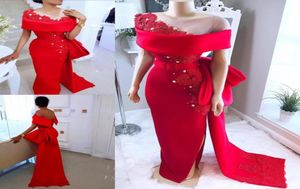 Sheer Neck Saudi Arabic Red Satin Evening Dresses With Bow Sash Beaded Pearls Dubai African Formal Party Clows Side Split Prom Dre7541794