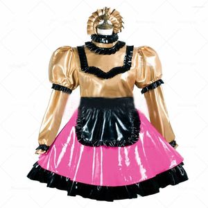 Lässige Kleider 26 Farben Faux Leder Maid Kleid hoher Nacken Puff Langarm Gothic Sissy Latex PVC Fathion Lolita Vintage 7xl