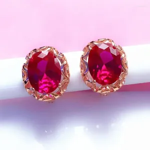 Brincos de garanhão 585 Purple Gold Inclaid Ruby for Women Hollow Design 14K Rose Rose Classic Luxury noivado Jóia namorada