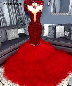 Party Dresses Long Red Prom Elegant Mermaid Ruffles Tulle African Black Girls Gala Night Gowns