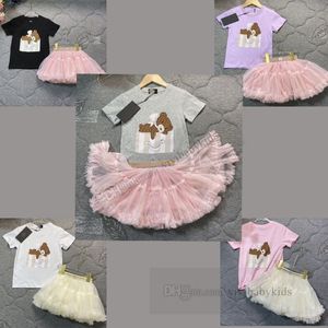 Designer Kids Clothes Set Summer Girls Letter Bear Printed Short Sleeve T-Shirt Lace Tulle Tutu kjolar 2st barn Princess Outfits Z7679