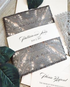 Dark GRAY CHANTILLY LACE Laser Cut Wrap Invitation Antique Square Laser Cut Wedding Invitation with Blush Insert and Belly Band5179609