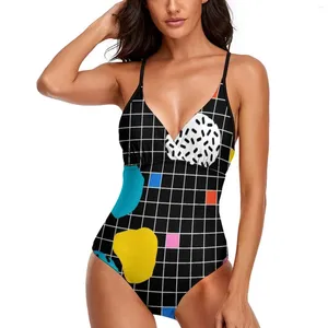 Frauen Badebekleidung Memphis Badeanzug Grid Minimal 80er Vibes up up up up uphloge out badeanzug retro badeanzuits Design Strandoutfits