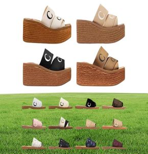 وصول جديد للمرأة مصممة صندل Espadrille منصة Slippers الخشب البغال Wedge Heel Canvas Lace Slides Square Toe Fashion Fash1930483