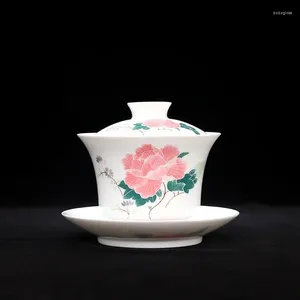 Koppar Saucers State Owned Factory under Glaze Handmålad bomull Rose Flower Cover Bowl Tea Cup 7501 Porslin