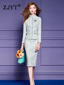ZJYT Luxury Beading Tweed Woolen Jacket and Skirt Suit Two Piece Women Autumn Winter Dress Sets Elegant Office Party Outfit 240329