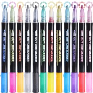 12/24 Färger Kontur Metalliska markörer Pennor Double Line Pen Magic Glitter Ritning Pen för gratulationskort, målning, DIY -skissning