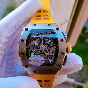 Super Factory Mens Watches Carbon Fiber Case RM 11-03RG 003 Manual Mechanical Movement Transparent Back Yellow Strap Men tittar på armbandsur