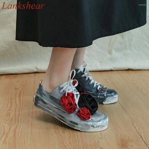 Casual Shoes Round Toe Flower Women Mixed Color Fashion Cross Tied Lace Up Flat Sole Niche Design Spring 2024 Arrivals