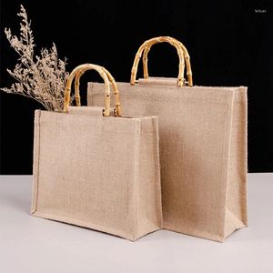 Shoppingväskor bärbar säckväv jute påse handväska bambu loop handtag tote