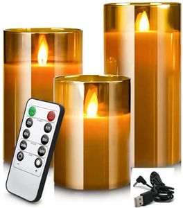 USB Rechargeable LED Flameless Pillar Candle set Flickering Moving Wick Paraffin Real Wax Remote controlled wTimer Glass Lights 240412