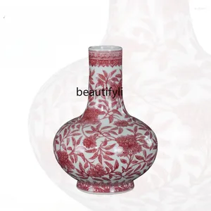 Wazony Szkliwki Czerwony Pionit Flower Picture Widebell Butelka Jingdezhen Ceramiczny chiński styl salonu