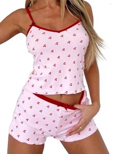Roupas em casa 2 peças de pijama feminino impressão de cereja de cereja Cami tops shorts casuais conjuntos de roupas de dormir