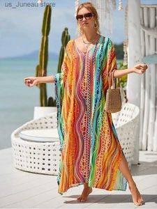 Основные повседневные платья Boho Printed Kaftan Casual Summer Clothing 2024 Женщины плюс размер V-образного выреза Batwing Slve Beach Wear Maxi Plays Roy Sarong Q1476 T240412