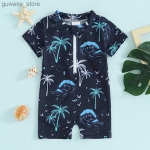 One-Pieces 0-3T Toddler Boy Rash Guard Swimsuit Jumpsuit Zippered Short Sleeved Tree Print ChildrenS Swimsuit Baby Tight Fitting Swimsuit Y240412