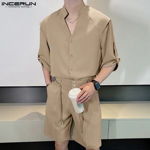 Inceurn in stile coreano da uomo abito casual camicie a maniche corte pantaloncini maschi di moda maschio solido set a due pezzi a V-Neck S-5xl 240402
