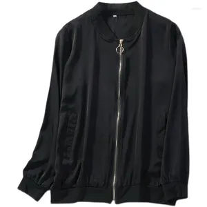 Women's Jackets 92% Mulberry Silk 8% Spandex 19 Momme Crepe Soild Colors White Black Pink Blue Zip Up Bomber Coat Top JN806
