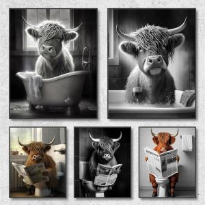 Funny Highland Cow On Toilet Wall Art Poster Prints Rustic Farmhouse Style Canvas Painting Picture for Bathroom Room Home Decor