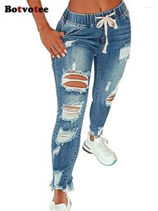 Jeans feminino Botvotee Lace Up Ripped For Women 2024 Fashion Streetwear Slim High Wistage Vintage Lengo Completo Calças Lápis