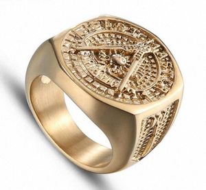 2020 Vintage Crystal Masonic Gold Farbe Edelstahl Männer Ring Neue Mason männliche Ringe für Frauen Herren Schmuck Ehering Sets5002940