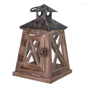 Candle Holders Nordic Farmhouse Hanging Pillar Holder Distressed Wooden Iron Lantern