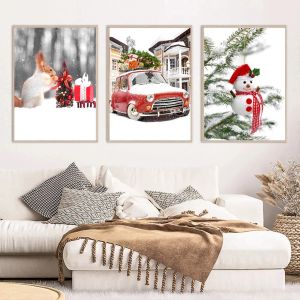 Зимний снежный пейзаж картинка холст рисовать стены искусство сосна красная машина золотой поездок и принт для домашнего рождественского декора подарков