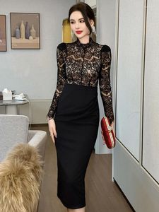 Casual Dresses Women's French Elegant Black Dress Celebrity Sheer Lace Spliced Midi Robe Professional Business Vestidos Mujer Party Gown