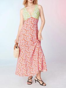 Casual Dresses Women Summer Bohemian Long Dress Retro Floral Print Deep V Neck Sleeveless Backless Tie-up Bodycon Beach Party Clubwear