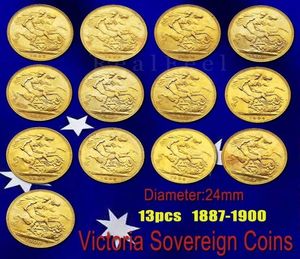 Storbritannien Victoria Sovereign Coins 13st olika år smal guldmyntkonst samlarobjekt2300009