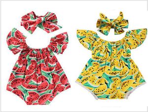女の赤ちゃんサマーロンパース幼児カジュアルジャンプスーツボウヘッドバンド2PCSSETスイカプリントプレイスーツ衣服袖の衣装9254182