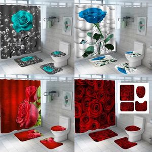シャワーカーテン4PCS赤いバラカーテンラグ付きトイレトイレカバーバスマットウォータープルーフポリエステルファブリックフローラルバスルーム洗える