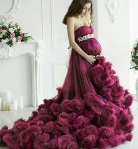 マタニティの女性イブニングドレス紫色の贅沢なフリルのベビーシャワーガウンポーシュートクリスタルバスローブナイトウェア妊娠ドレス5999457