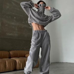 Women Clothing Autumn Winter Fashionable Europe America Style Drawstring Waist Zipper Hoodie High Casual Trouser Set 240412