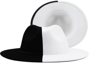 Black White Patchwork Wool Felt Jazz Fedora Hat Women Unisex Wide Brim Panama Party Trilby Cowboy Cap Men Gentleman Wedding Hat 223152000