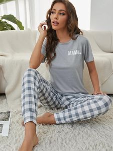 Brevtryck pyjamas inställd kort ärmbesättning Nacke Top Elastic Midjeband Pants Womens Sleepwear Loungewear 240410