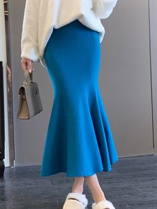 Autumn New Temperament Elegant Slim White High Waist Knitted Mermaid Skirt Women Office Lady Ruffles Wrap Hip Sexy Skirts