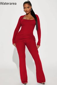Women's Two Piece Pants Waterarea Knit Ribbed Set Long Sleeve Ruched Side T-shirt And Wide Leg 2024 Street 2 PieceSetsOutfitTracksuit
