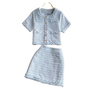 Design Summer O-Neck Kort ärm Tweed Woolen och A-line kjol 2 st klänning Twinset Suit ML