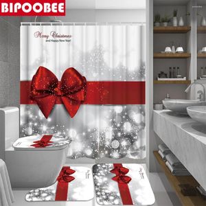 Shower Curtains Snowflake Red Bow Print Curtain Merry Christmas Bathroom Festival Decor Bath Mats Toilet Lid Cover Non-slip Rugs