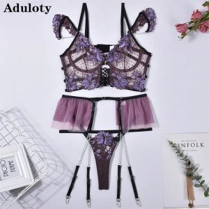 Bras Aduloty Sexy Erotic Lingerie Exquisite Embroidery Large Flower Perspective Metal Chain Decoration Temptation Women Underwear Set